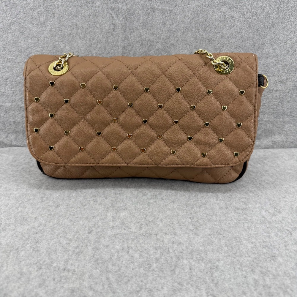 Betsey Johnson Tan Quilted Heart Studded Shoulder Bag Gold Chain Adjust Strap - Picture 3 of 16